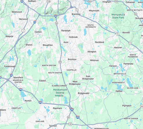 Communities Served Regional map highlighting communities served across Eastern Massachusetts, including Brockton, Bridgewater, and surrounding towns.