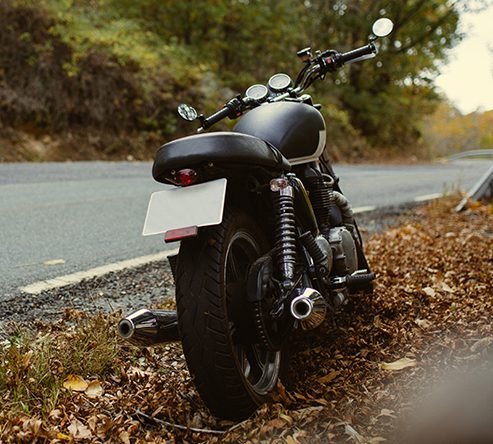 Black motorcycle parked on the shoulder of a road surrounded by fallen autumn leaves